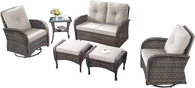 6 Pieces Patio Wicker Furniture Set-Outdoor Swivel Chairs Set of 2 Outdoor Glider Love seat with Outdoor Footstool Patio Furniture for Deck Porch Garden Balcony Poolside-Brown/Beige