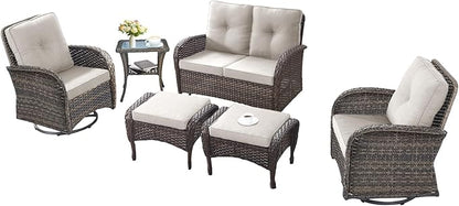 6 Pieces Patio Wicker Furniture Set-Outdoor Swivel Chairs Set of 2 Outdoor Glider Love seat with Outdoor Footstool Patio Furniture for Deck Porch Garden Balcony Poolside-Brown/Beige
