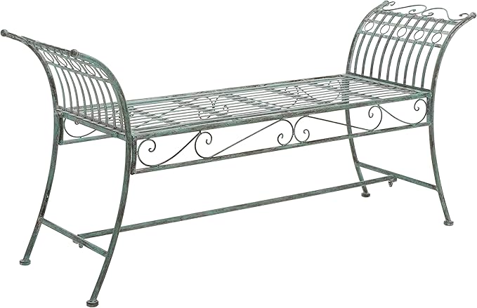 SAFAVIEH Outdoor Collection Hadley Victorian Scroll Antique Dark Green Wrought Iron Bench
