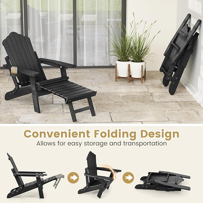 Giantex Folding Adirondack Chair, All-Weather Lounge Chair with Adjustable Backrest, Retractable Ottoman, Cup Holder, HIPS Fire Pit Chair for Lawn, Pool, Patio, Porch (1, Black)