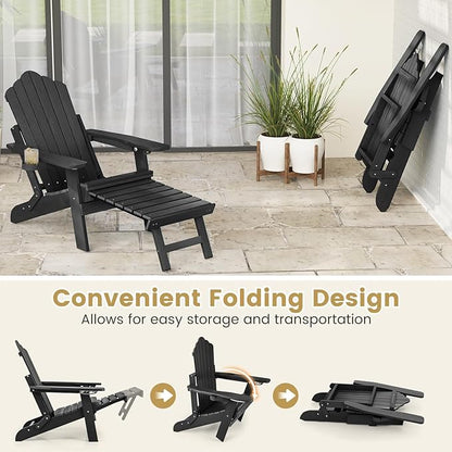 Giantex Folding Adirondack Chair, All-Weather Lounge Chair with Adjustable Backrest, Retractable Ottoman, Cup Holder, HIPS Fire Pit Chair for Lawn, Pool, Patio, Porch (1, Black)