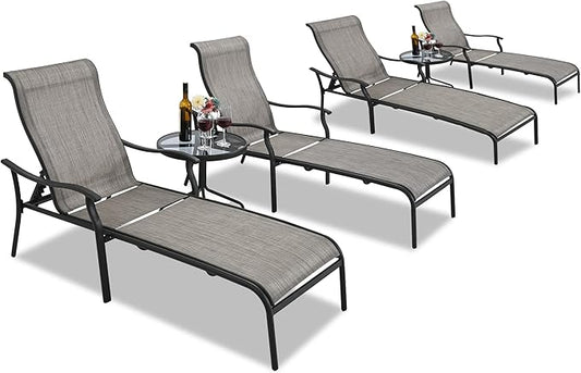 HAPPATIO Patio Chaise Lounge Set 6 Pieces,Patio Lounge Chair with Glass Coffee Table,Pool Lounge Chair with Breathable Textilene Fabric,Patio Chaise Lounge (Gray)