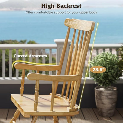 Giantex Outdoor Wood Rocking Chair - Patio Rocking Chair with Solid Rubber Wood Frame, Slat Back, Outside & Indoor Rocker for Garden, Poolside, Balcony, Backyard, Lawn, Front Porch Rocker, Natural