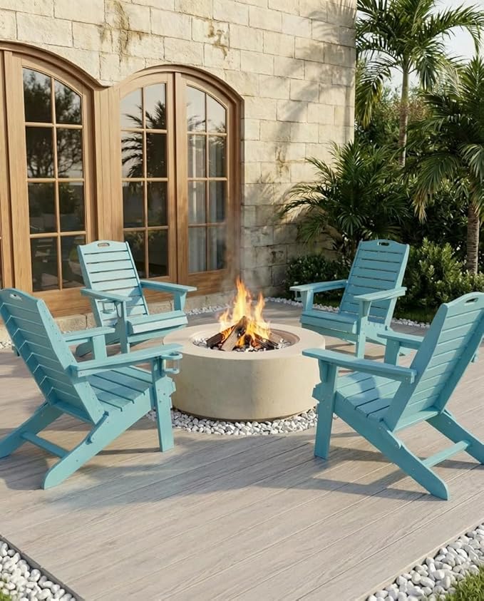 Folding Adirondack Chairs Set of 6,Adirondack Chair with Retractable Ottoman,Plastic Adirondack Chairs with 2 Cup Holder,Weather Resistant Patio Chair,Outdoor Chairs Set of 6(Lake Blue)