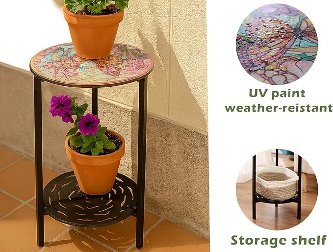 2-Tier Metal Round Side Table Black Accent Coffee Tables Small Space Corner Plant Stand Shelf for Indoor Outdoor Use - Photo 6