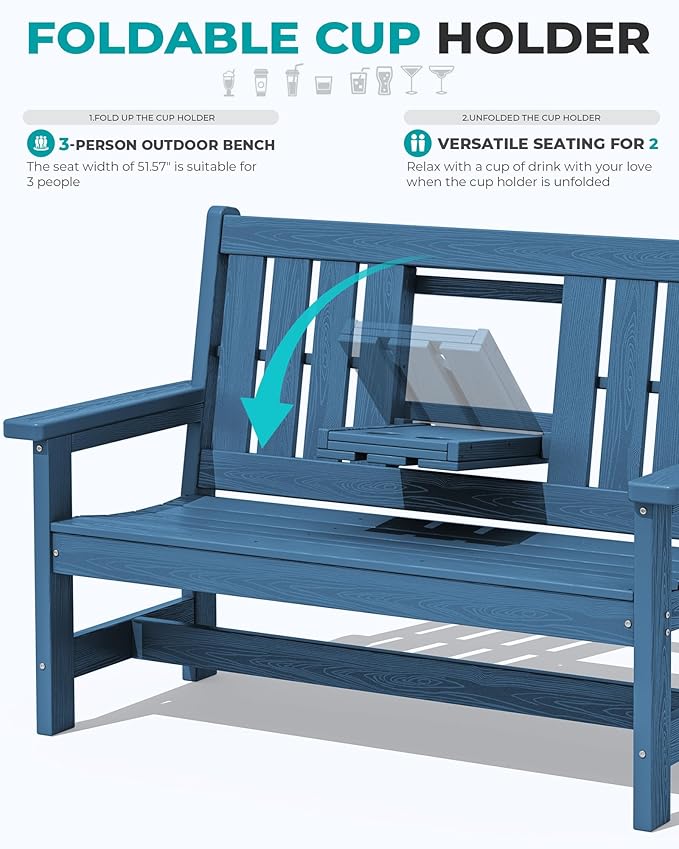 SERWALL Outdoor Bench with Cup Holder, 58" HDPE Garden Park Bench Suitable for 3 Person - Photo 6