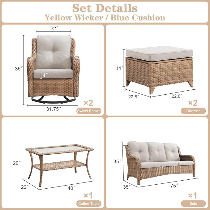 Belord 6 Piece Wicker Patio Furniture Set, Outdoor Swivel Rocker Chairs Set of 2 with Ottomans and 3 Seater Sofa - Photo 2