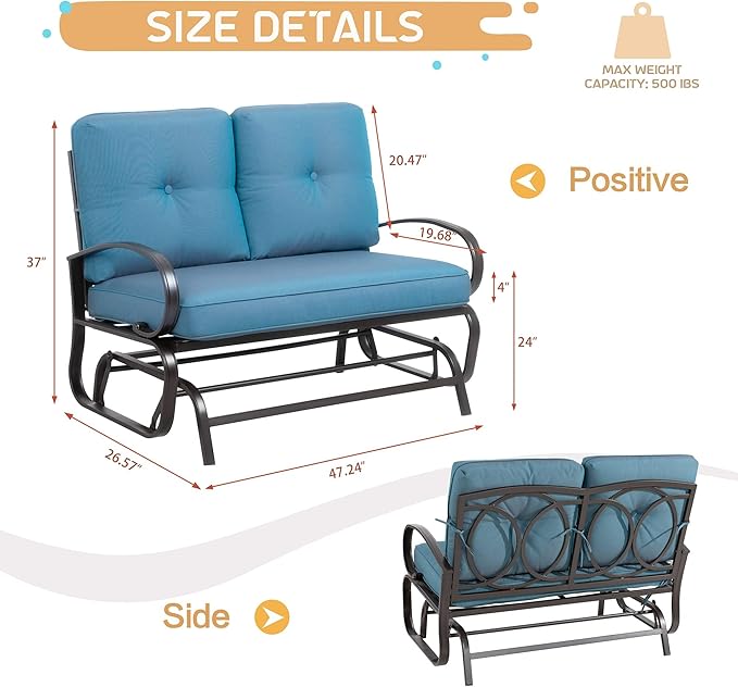 JY QAQA Outdoor Patio Metal Swing Glider Rocking Bench, Garden Loveseat Porch Furniture Glider - Photo 3