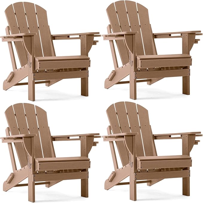 Folding Adirondack Chair, HDPE Outdoor Texture Lawn Chair with Reclining Back, Cup and Phone Holder - Comfortable Firepit Chair Weather Resistant for Patio or Backyard (Brown, Set of 4)