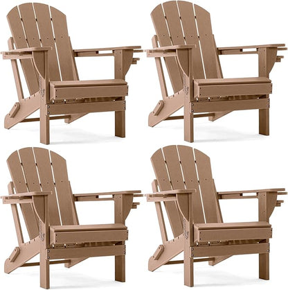 Folding Adirondack Chair, HDPE Outdoor Texture Lawn Chair with Reclining Back, Cup and Phone Holder - Comfortable Firepit Chair Weather Resistant for Patio or Backyard (Brown, Set of 4)