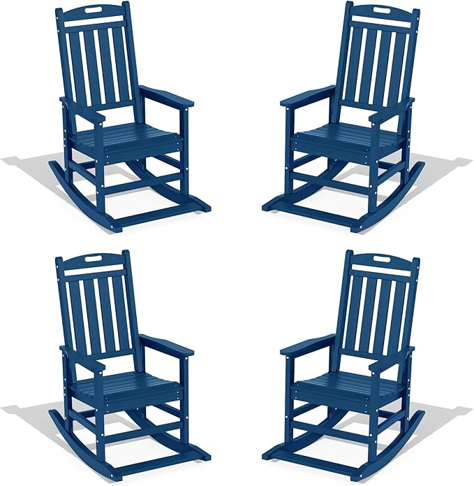 LOUNZY Outdoor Rocking Chair with Footboards Set of 4, HDPE Rocking Chair Patio Porch Rocker with 380lbs Support for Adult, Navy