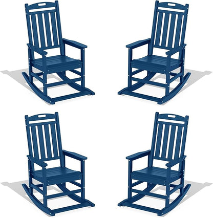LOUNZY Outdoor Rocking Chair with Footboards Set of 4, HDPE Rocking Chair Patio Porch Rocker with 380lbs Support for Adult, Navy