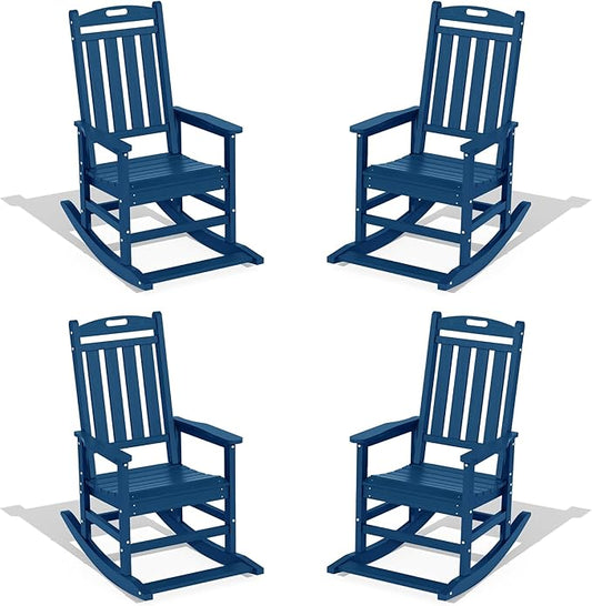 LOUNZY Outdoor Rocking Chair with Footboards Set of 4, HDPE Rocking Chair Patio Porch Rocker with 380lbs Support for Adult, Navy