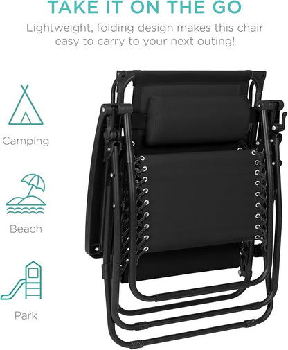 Best Choice Products 30” Wide Folding Zero Gravity Outdoor Recliner Patio Lounge Chair w/Adjustable Canopy Shade, Headrest, Side Accessory Tray - Black