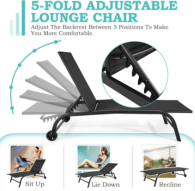 EROMMY Patio Chaise Lounge Chair Set of 2 with Wheels, Oversized 26" W Outdoor Lounge Chairs with Adjustable Backrest, Waterproof Poolside Lounge Chairs