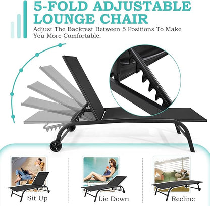 EROMMY Patio Chaise Lounge Chair Set of 2 with Table, Adjustable Backrest & Wheels, Oversized 26" W Outdoor Poolside Recliners for Garden, Deck, Lawn, Backyard