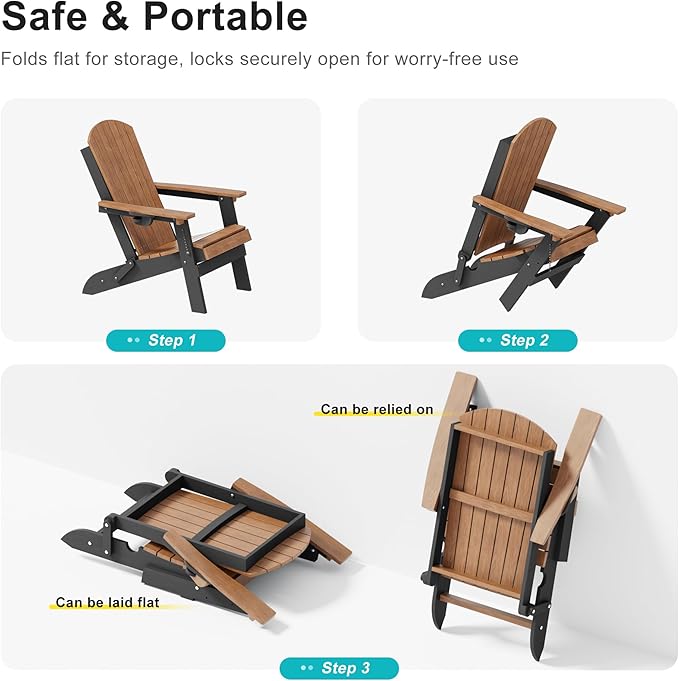 HDPE Foldable Adirondack Outdoor Chair with Cup Holder, Weather Resistant Heavy-Duty Patio Chair for Patio, Backyard, Deck, Fire Pit, Lawn and Porch, Black and Teak