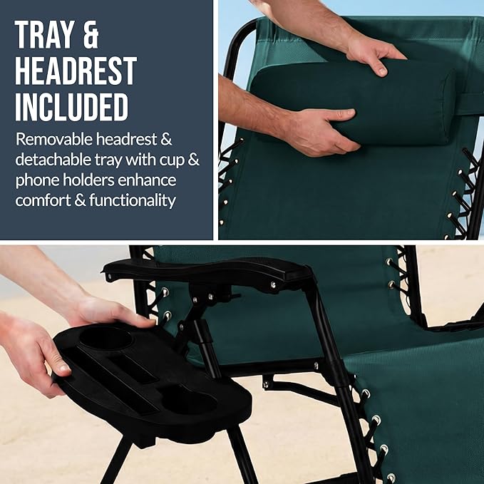 Best Choice Products Set of 2 Extra Wide Adjustable Steel Mesh Zero Gravity Lounge Chair Recliners w/Pillows and Cup - Photo 8
