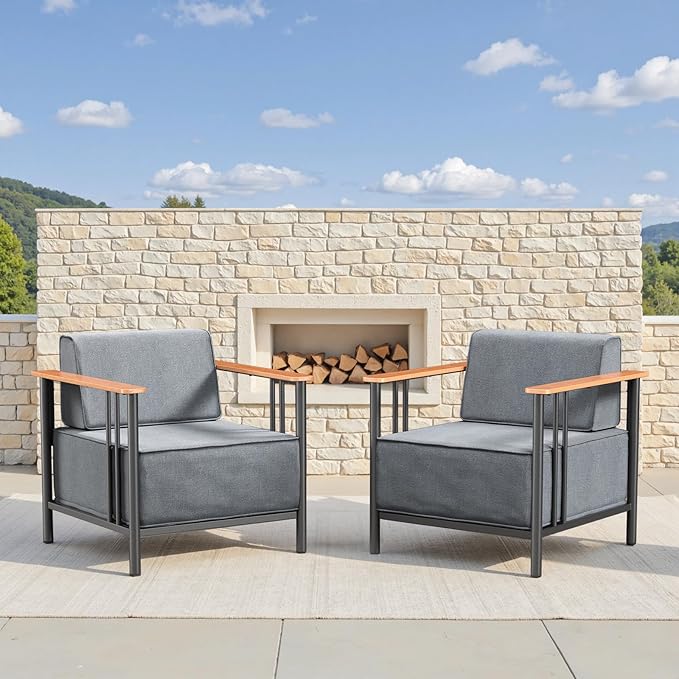 10-inch Thick Cushion Outdoor Furniture Set, 2-Piece Patio Chair Set, Made of PE Material with Wood Grain armrests - Photo 1