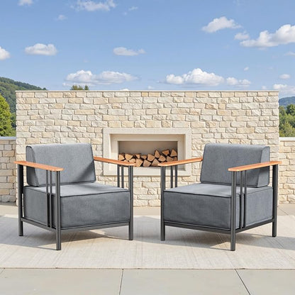 10-inch Thick Cushion Outdoor Furniture Set, 2-Piece Patio Chair Set, Made of PE Material with Wood Grain armrests, trapezoidal backrest, Indoor/Outdoor Balcony Seating, Dark Gray | Gray Cushion