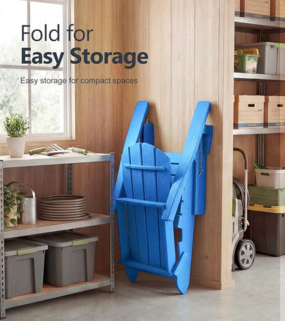 PASAMIC Adirondack Rocking Chairs Set of 2, Foldable All-Weather HDPE Patio Rockers with Retractable Ottoman & Cup Holder, Outdoor Chairs for Porch Backyard Pool Garden Balcony, Blue