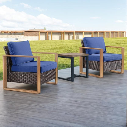 Rilyson 3 Piece Wicker Patio Furniture Set,Patio Bistro Set with 2 Rattan Armrest Chairs and 1 Side Table,Sturdy Frame,All-Weather PE Wicker,Wide Armrest,Deep Seating and Thick Cushions(Brown/Blue)