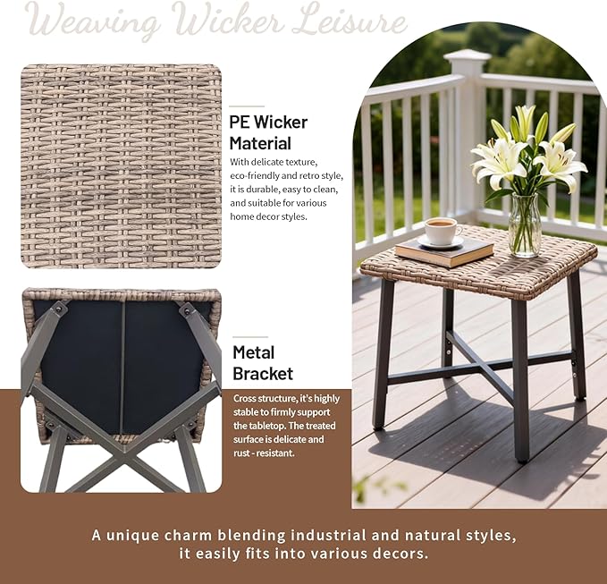 Outdoor Wicker Side Table Small Square Patio Rattan Table Adopt Sturdy Galvanized Steel Frame Powder-Coated Legs - Photo 4