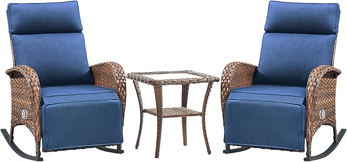 Belord 3 Piece Wicker Patio Furniture Set - Outdoor Swivel Rocker Recliner Chair with Adjustable Backrest & Footrest, All Weather Reclining Lounge Chair with Thick Cushion for Pool Deck Garden Blue