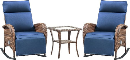 Belord 3 Piece Wicker Patio Furniture Set - Outdoor Swivel Rocker Recliner Chair with Adjustable Backrest & Footrest, All Weather Reclining Lounge Chair with Thick Cushion for Pool Deck Garden Blue