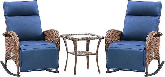 Belord 3 Piece Wicker Patio Furniture Set - Outdoor Swivel Rocker Recliner Chair with Adjustable Backrest & Footrest, All Weather Reclining Lounge Chair with Thick Cushion for Pool Deck Garden Blue