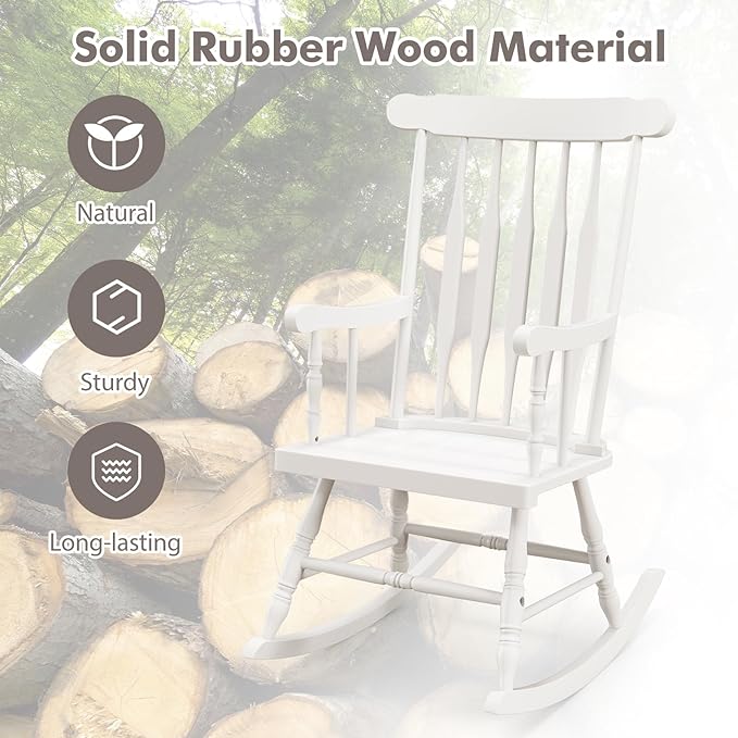 Tangkula Patio Rocking Chair Solid Rubber Wood, Outdoor Porch Rocker Chair with Rubber Wood Frame, Indoor Wooden Rocking Chair, Ideal for Garden, Backyard & Balcony (1, White)
