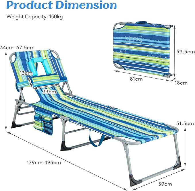 COSTWAY Folding Beach Lounge Chair, Tanning Chair with Face Hole, 5-Position Adjustable Backrest, Pillow & Side Pocket, Foldable Chaise Lounge Chair Outdoor for Sunbathing, Camping (2, Blue+Green)