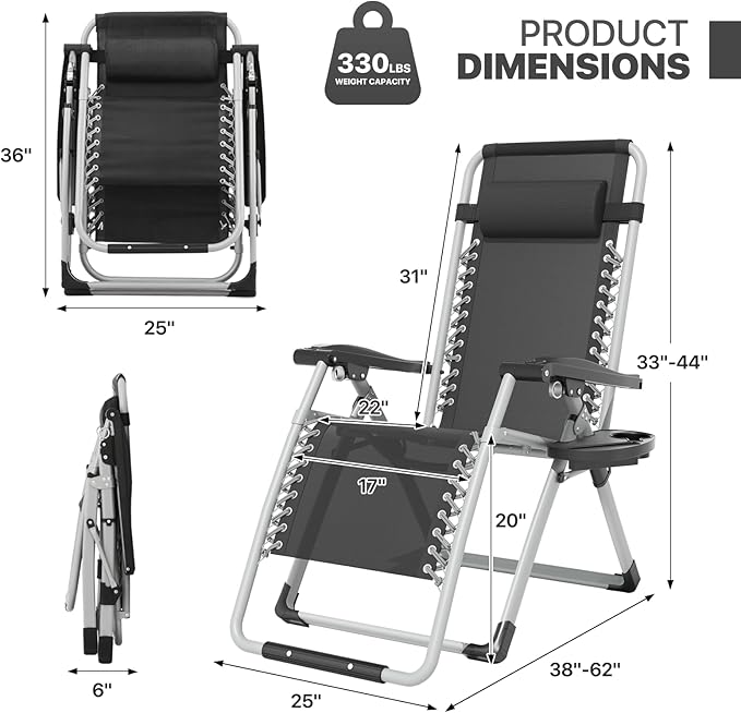 Magshion Zero Gravity Chair with Cushion, Reclining Outdoor Patio Lounge Chair, Folding Indoor Anti Gravity Recliner, Portable Lounger with Removable Cup Holder Side Tray and Pillow Headrest (Black)