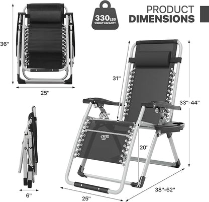 Magshion Zero Gravity Chair with Cushion, Reclining Outdoor Patio Lounge Chair, Folding Indoor Anti Gravity Recliner, Portable Lounger with Removable Cup Holder Side Tray and Pillow Headrest (Black)