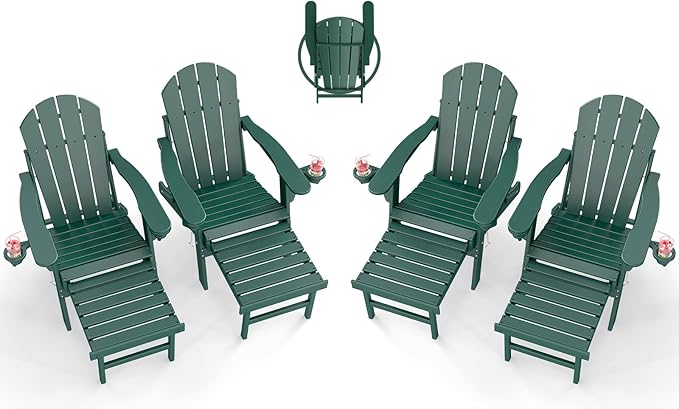BRIOPAWS Adirondack-Chairs-with-Pull-Out-Footrest | Set of 4 | Folding | HDPE Plastic | Fire Pit Chair | All Weather | Cup Holders | Curved Back | Retractable Ottoman | for Poolside Deck | Forest