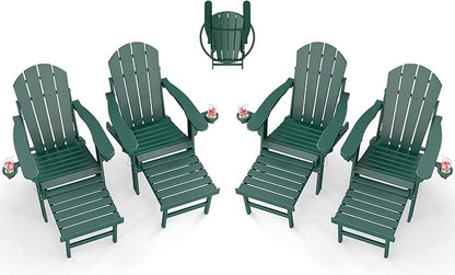 BRIOPAWS Adirondack-Chairs-with-Pull-Out-Footrest | Set of 4 | Folding | HDPE Plastic | Fire Pit Chair | All Weather | Cup Holders | Curved Back | Retractable Ottoman | for Poolside Deck | Forest