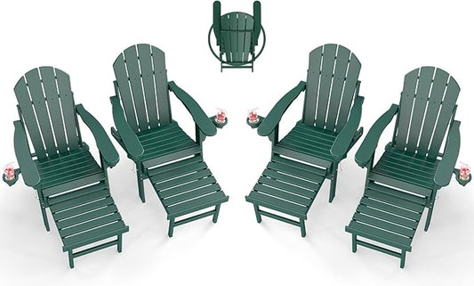 BRIOPAWS Adirondack-Chairs-with-Pull-Out-Footrest | Set of 4 | Folding | HDPE Plastic | Fire Pit Chair | All Weather | Cup Holders | Curved Back | Retractable Ottoman | for Poolside Deck | Forest