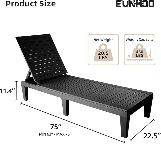 Chaise Lounge Outdoor Set of 4, Adjustable Pool Lounge Chair with 5 Positions Backrest - Photo 3