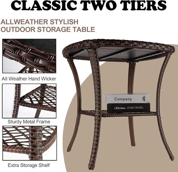 Outdoor Patio Side Table Small Brown Wicker Rattan End Table for Outside Storage Coffee Table with Poly Lumber Table - Photo 6