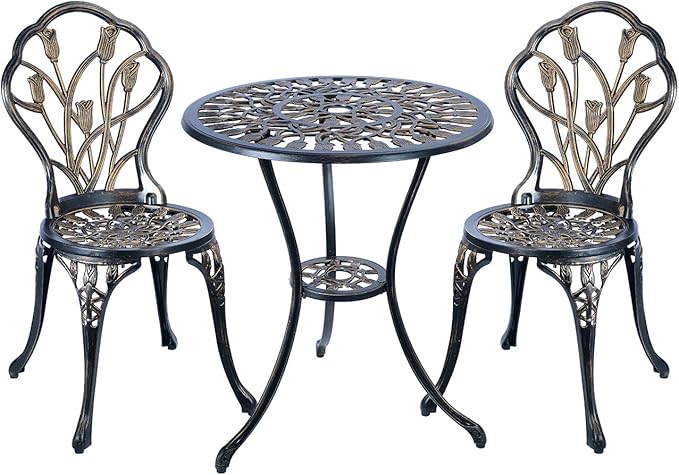 C/G 3 Piece Bistro Set,Outdoor Patio Set,Anti-Rust Cast Aluminum Bistro Table Set for Park Yard Front Porch Furniture(Antique Copper)