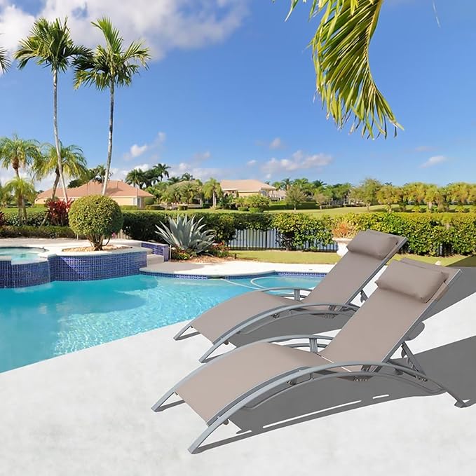 Domi Pool Lounge Chairs Set of 2, Adjustable Aluminum Outdoor Chaise Lounge Chairs, All Weather for Deck Lawn Poolside Backyard -Beige Textilene
