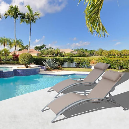 Domi Pool Lounge Chairs Set of 2, Adjustable Aluminum Outdoor Chaise Lounge Chairs, All Weather for Deck Lawn Poolside Backyard -Beige Textilene