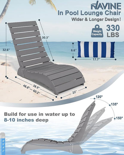Pool Lounge Chairs, HDPE Adjustable Chaise Chairs with Headrest, Weighted Fade-Resistant Pool Chairs and Lounger for Baja Ledge，Poolside and Deck, Grey