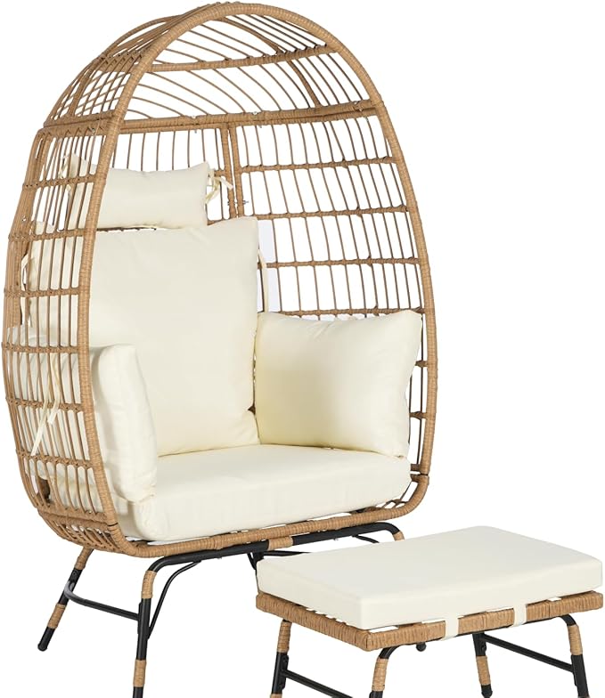 Oversized Wicker Egg Chair with Ottoman, Rattan Patio Egg Chair with Stand and Thick Cushions, Indoor Outdoor Lounge Chair for Backyard, Balcony, Living Room, Beige＋Ottoman