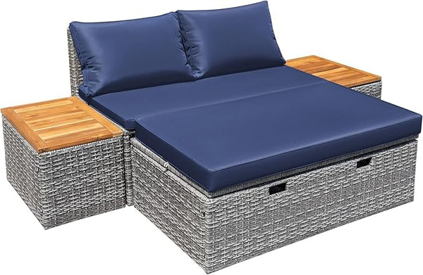 Devoko Patio Day Bed Outdoor Daybed Set Multifunctional Rattan Lounge Bed with 2 Side Tables for Backyard Porch - Photo 1