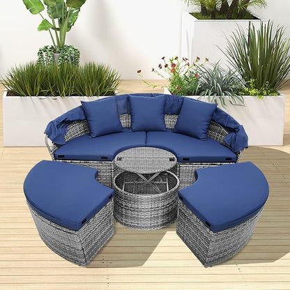 RELAX4LIFE Round Outdoor Daybed with Canopy, Rattan Wicker Sectional Sofa Set w/Cushions, Height Adjustable Table, Conversation Bed Lounger Separated Seating for Outside Pool, Patio Daybed (Navy)