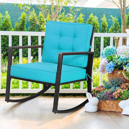 Tangkula Wicker Rocking Chair, Outdoor Glider Rattan Rocker Chair with Heavy-Duty Steel Frame, Patio Wicker Furniture Seat with 5” Thick Cushion for Garden, Porch, Backyard, Poolside (1, Turquoise)