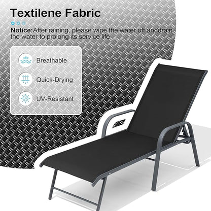 Crestlive Products Chaise Lounge Chair Outdoor with Armrests, Pool Lounge Chairs Set of 2, Aluminum Adjustable 5 Positions Sun Tanning Lounger for Patio, Poolside, Yard, Deck, Backyard (Black)