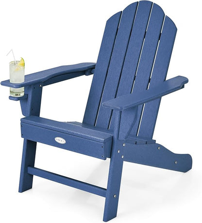 Tangkula Adirondack Chair Outdoor, Fade Resistant HDPE Armchairs with Cup Holder, Weather Resistant Lounger Chairs for Patio Garden Backyard Deck, Lawn Porch Seating, Adirondack Lounger (2, Navy)