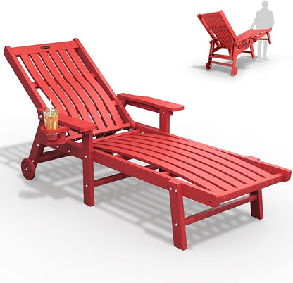 THOEOE Patio Chaise Lounge Chair, Oversized Lounge Chair Outdoor with 5 Positions, HDPE, Patio Lounge Chair with Wheels & Cup Holder for Pool, Deck, Poolside,Red